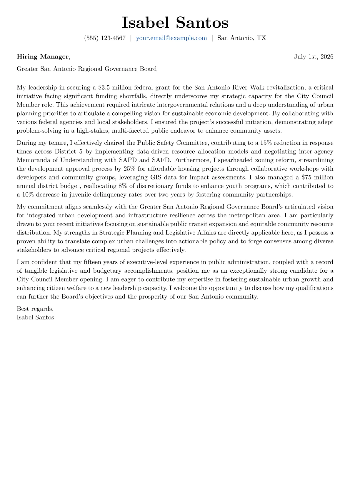 City Council Member cover letter formatted with a JobSprout template