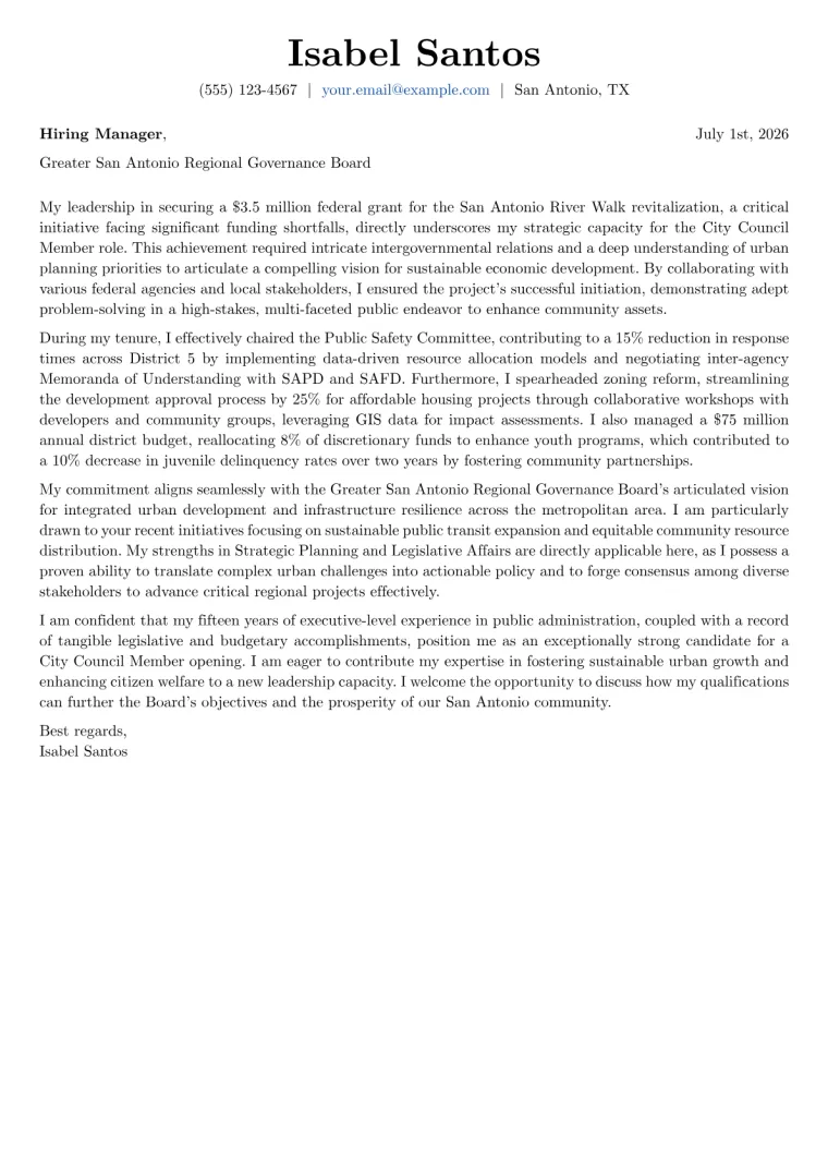 City Council Member cover letter example preview