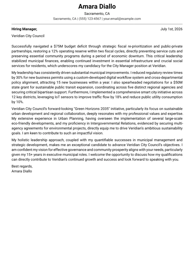 City Manager Cover Letter Example