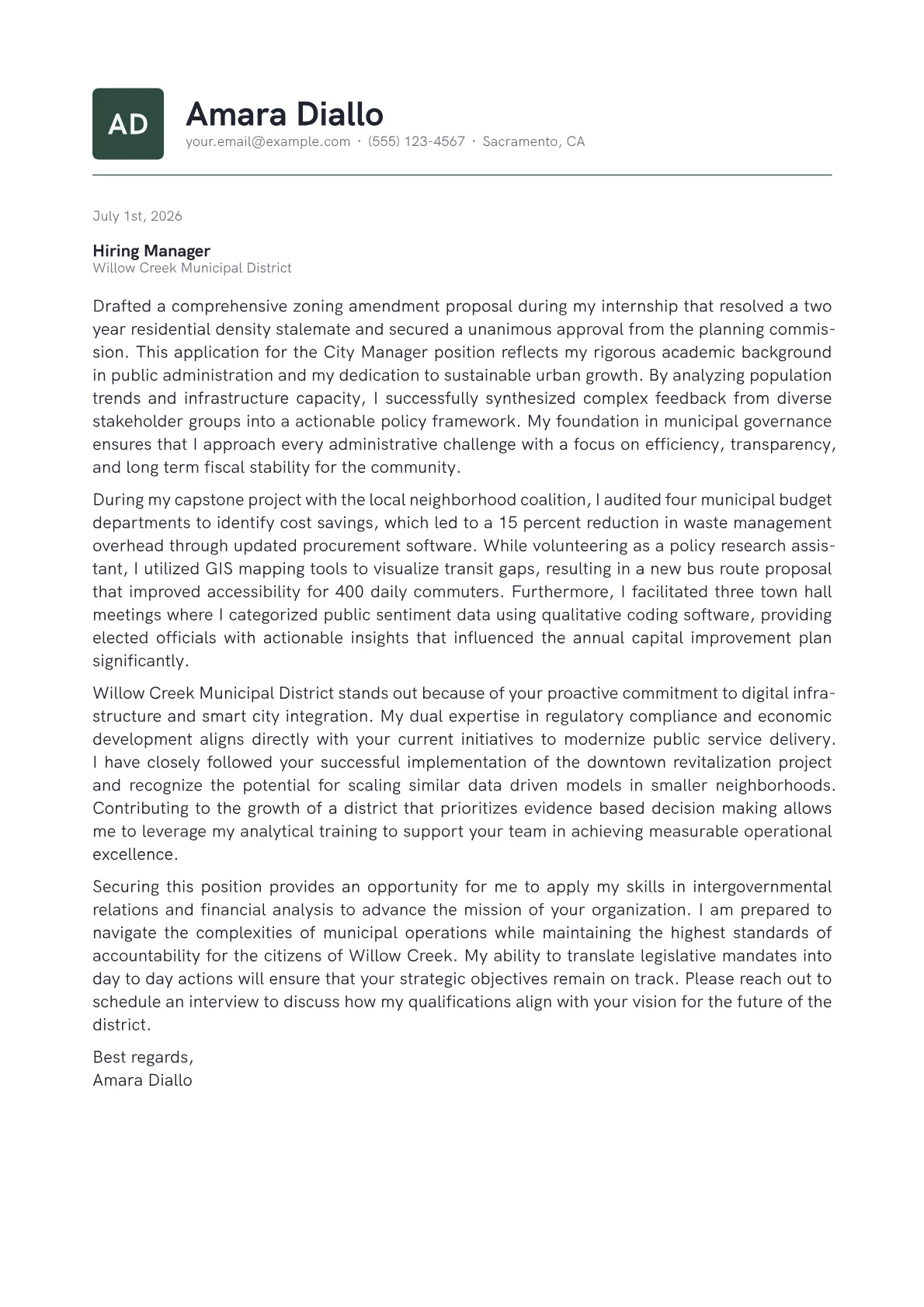 City Manager cover letter in the Emblem design