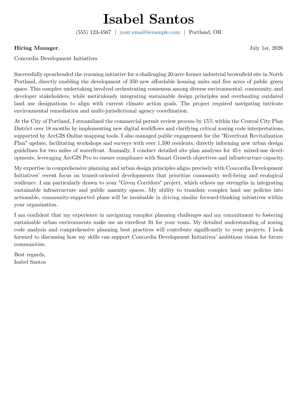 City Planner cover letter formatted with a JobSprout template