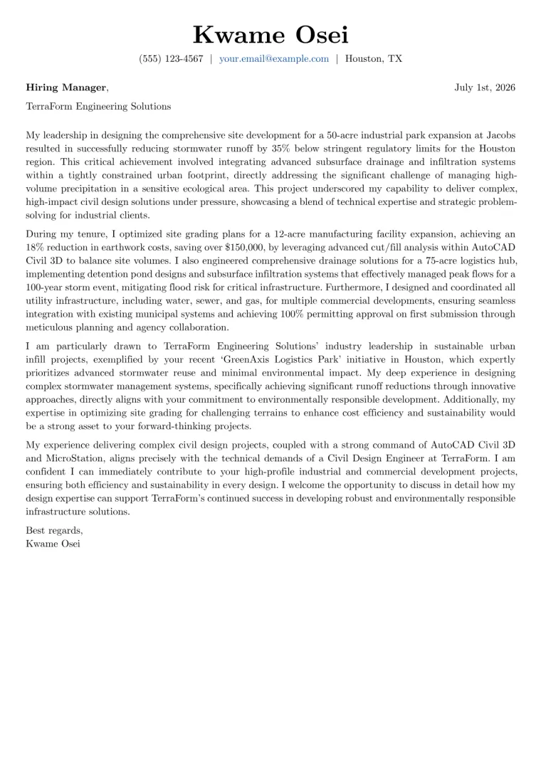 Civil Design Engineer cover letter example preview