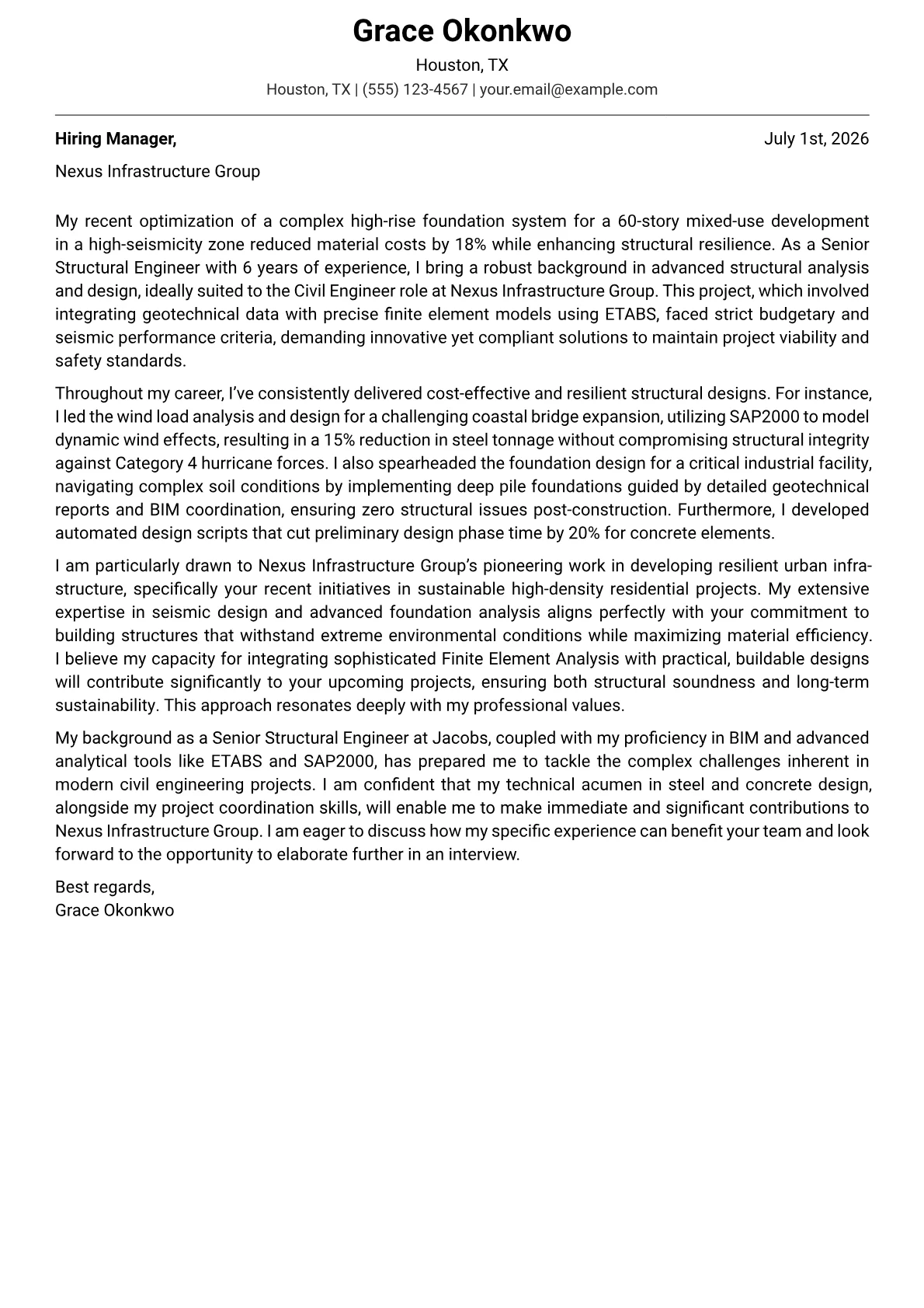 Civil Engineer cover letter formatted with a JobSprout template