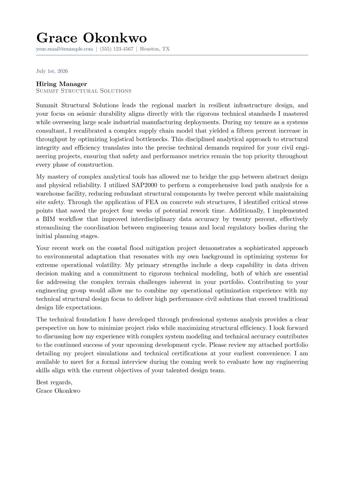 Civil Engineer cover letter in the Classic design