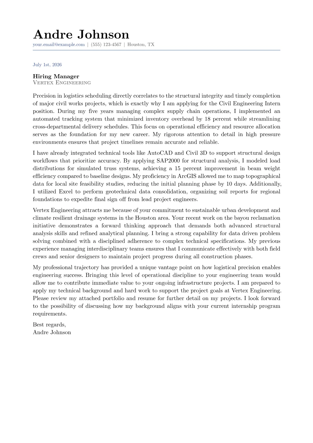 Civil Engineering Intern cover letter in the Classic design