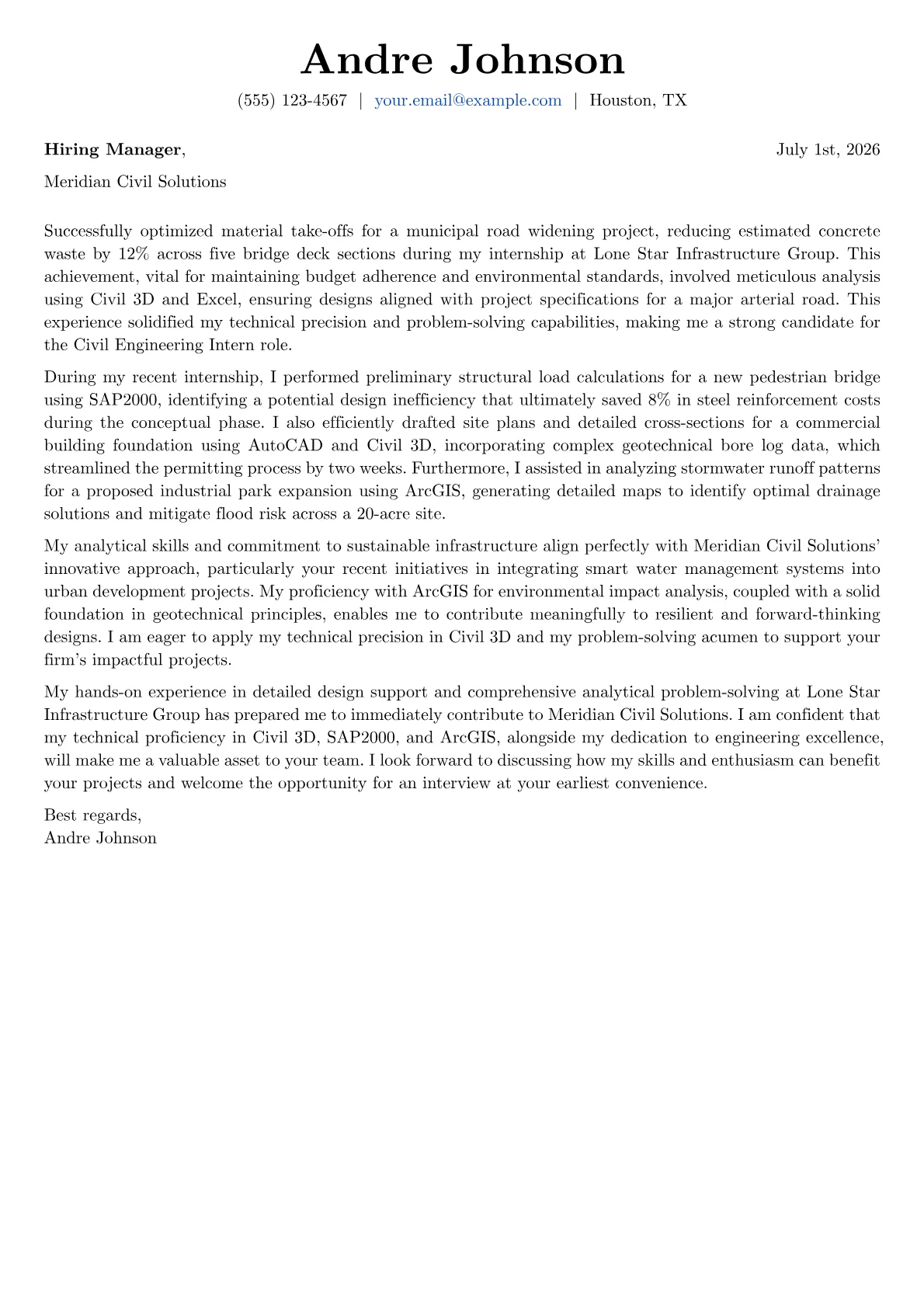 Civil Engineering Intern cover letter formatted with a JobSprout template