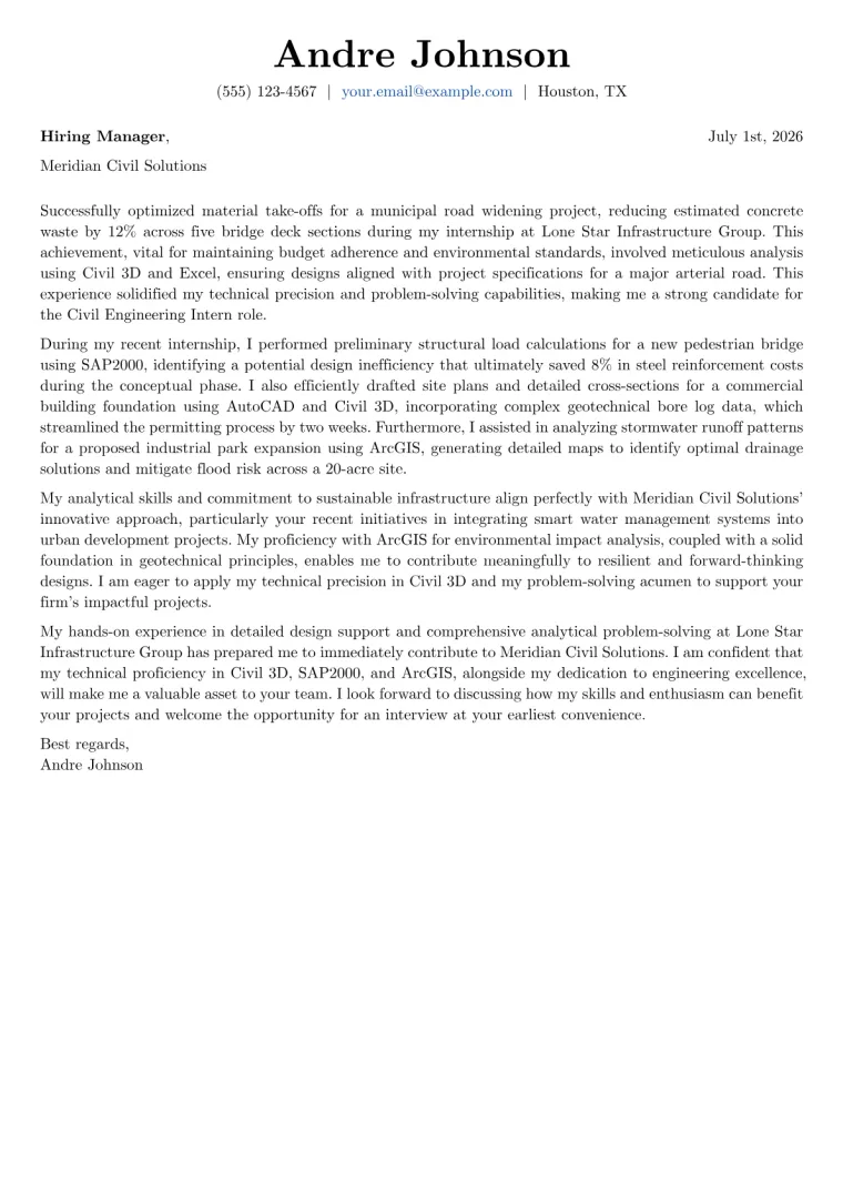 Civil Engineering Intern Cover Letter Example