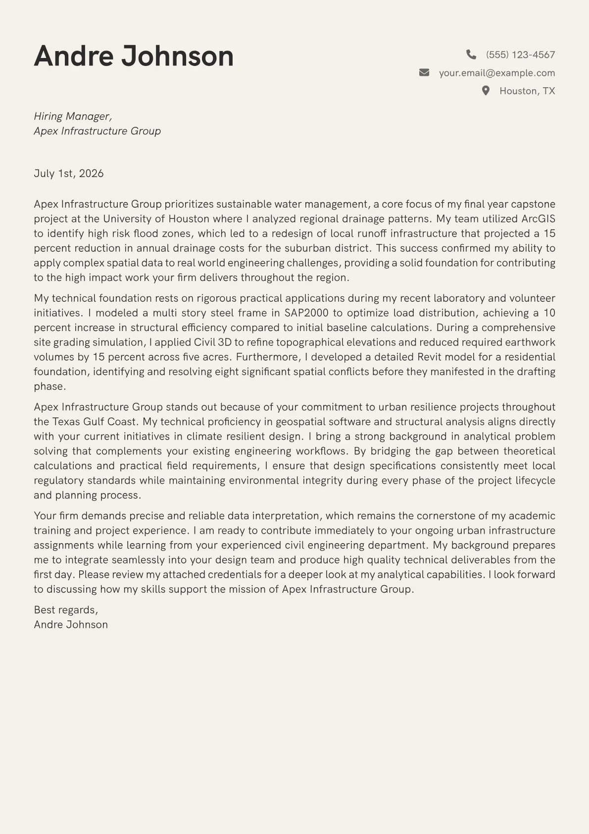 Civil Engineering Intern cover letter in the Creative design