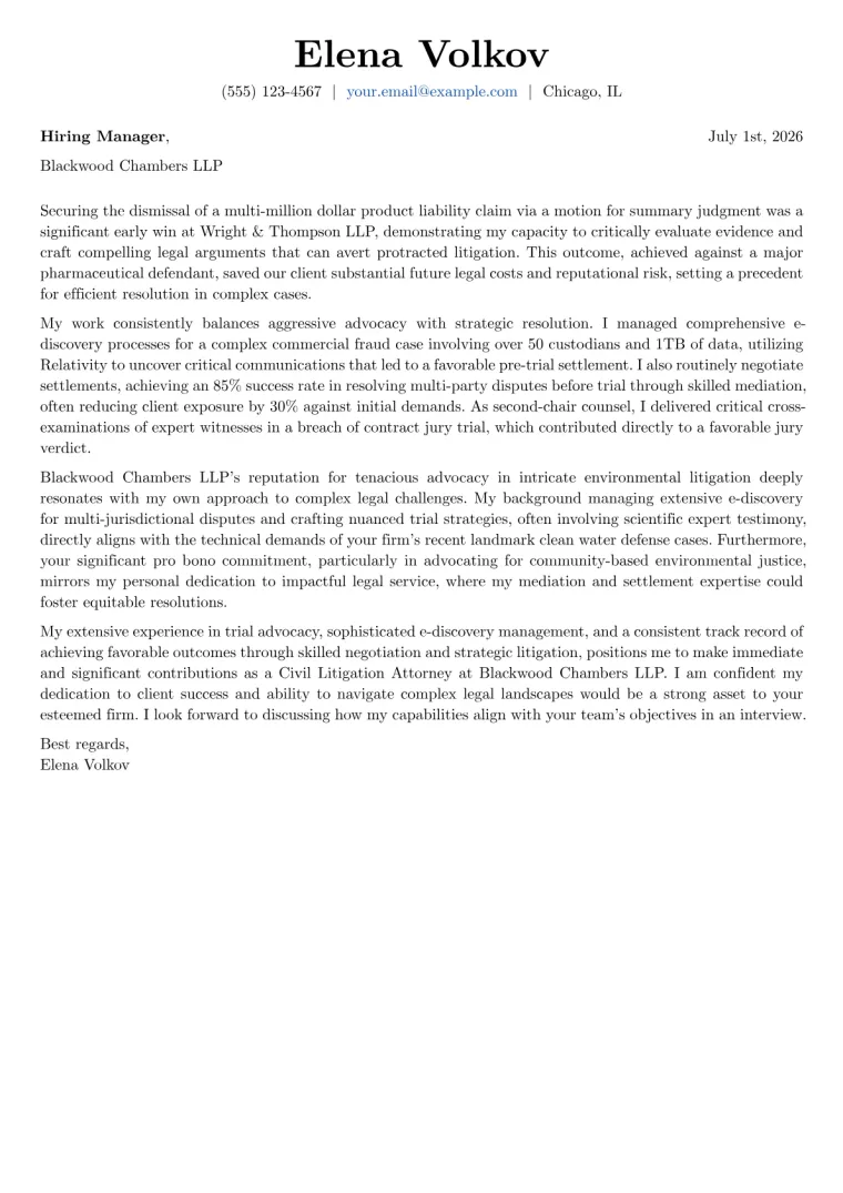 Civil Litigation Attorney Cover Letter Example
