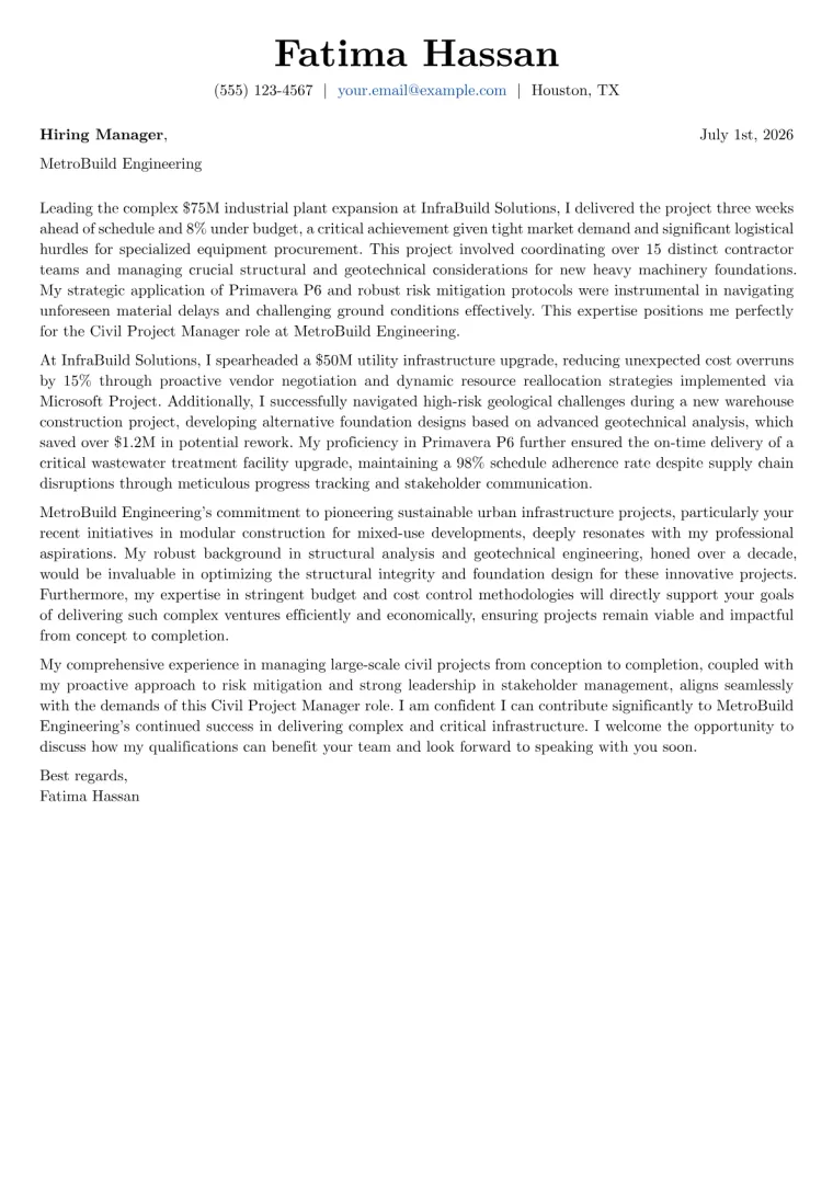 Civil Project Manager Cover Letter Example