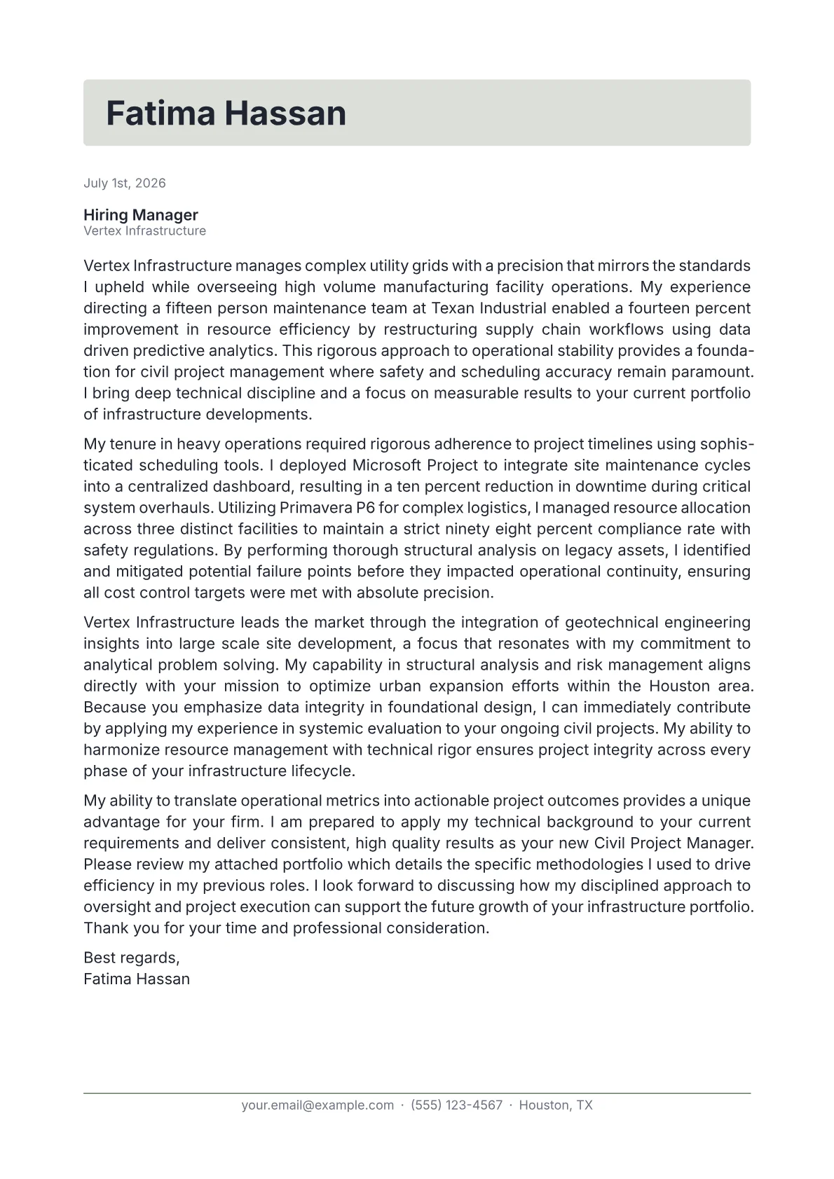 Civil Project Manager cover letter in the Letterhead design