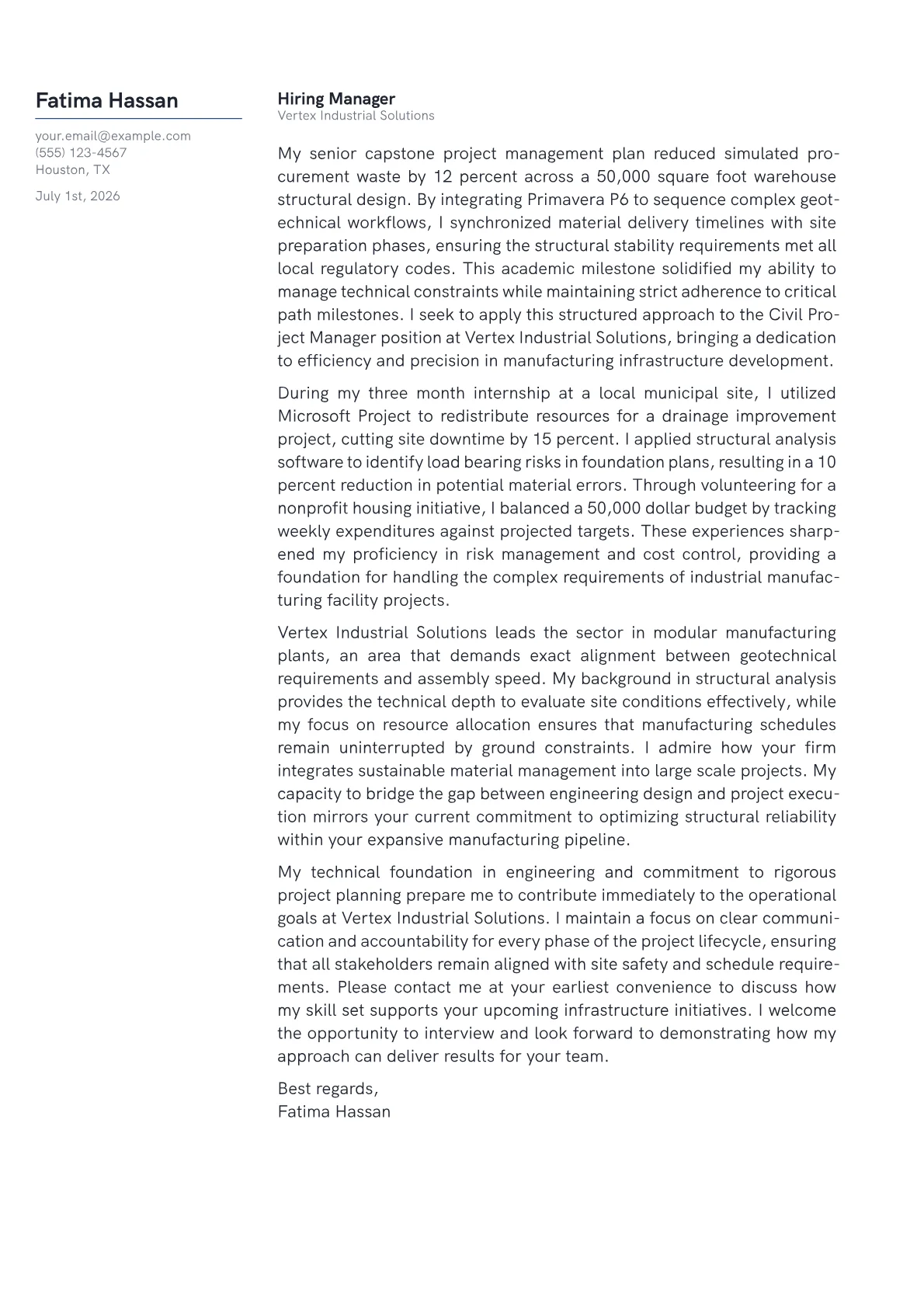 Civil Project Manager cover letter in the Margin design