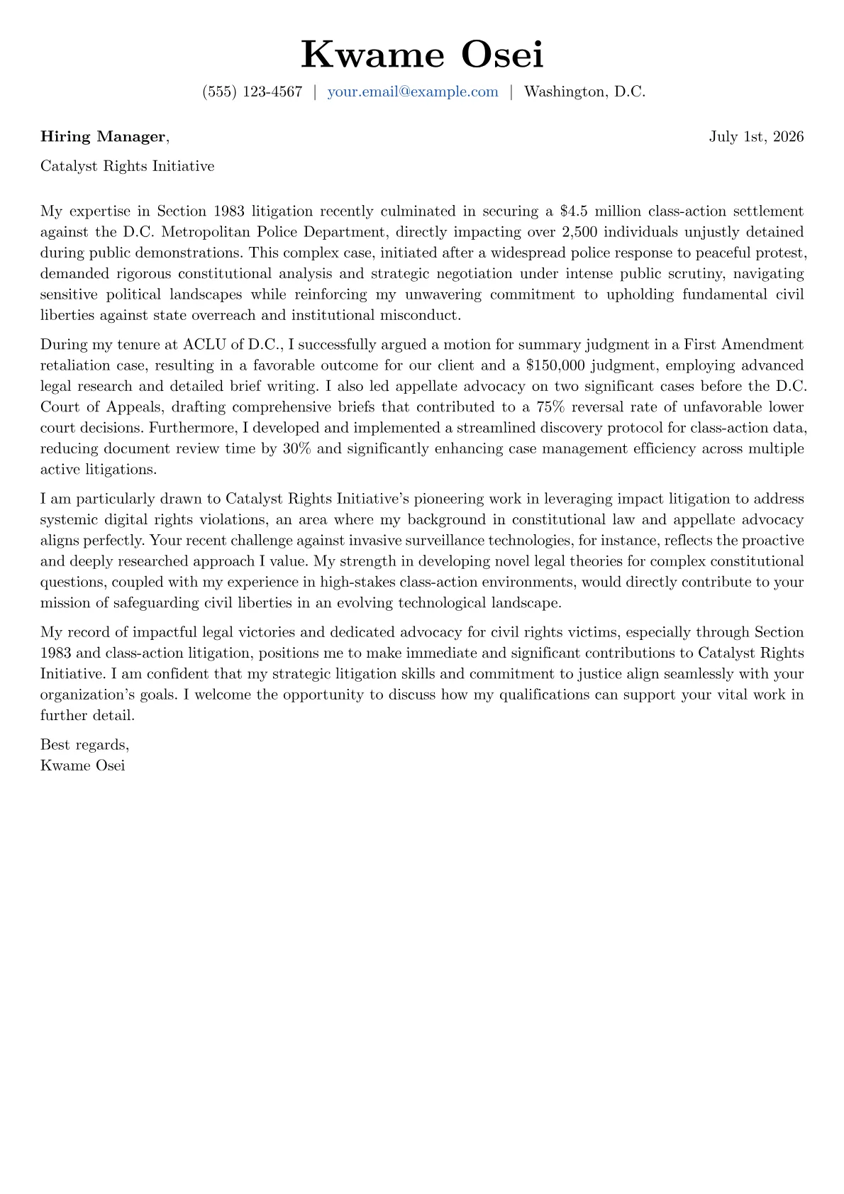 Civil Rights Attorney cover letter formatted with a JobSprout template
