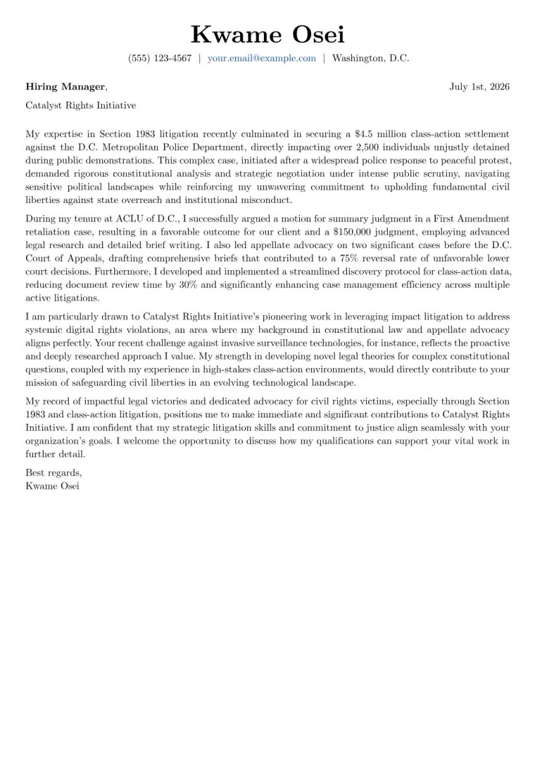 Civil Rights Attorney cover letter example preview