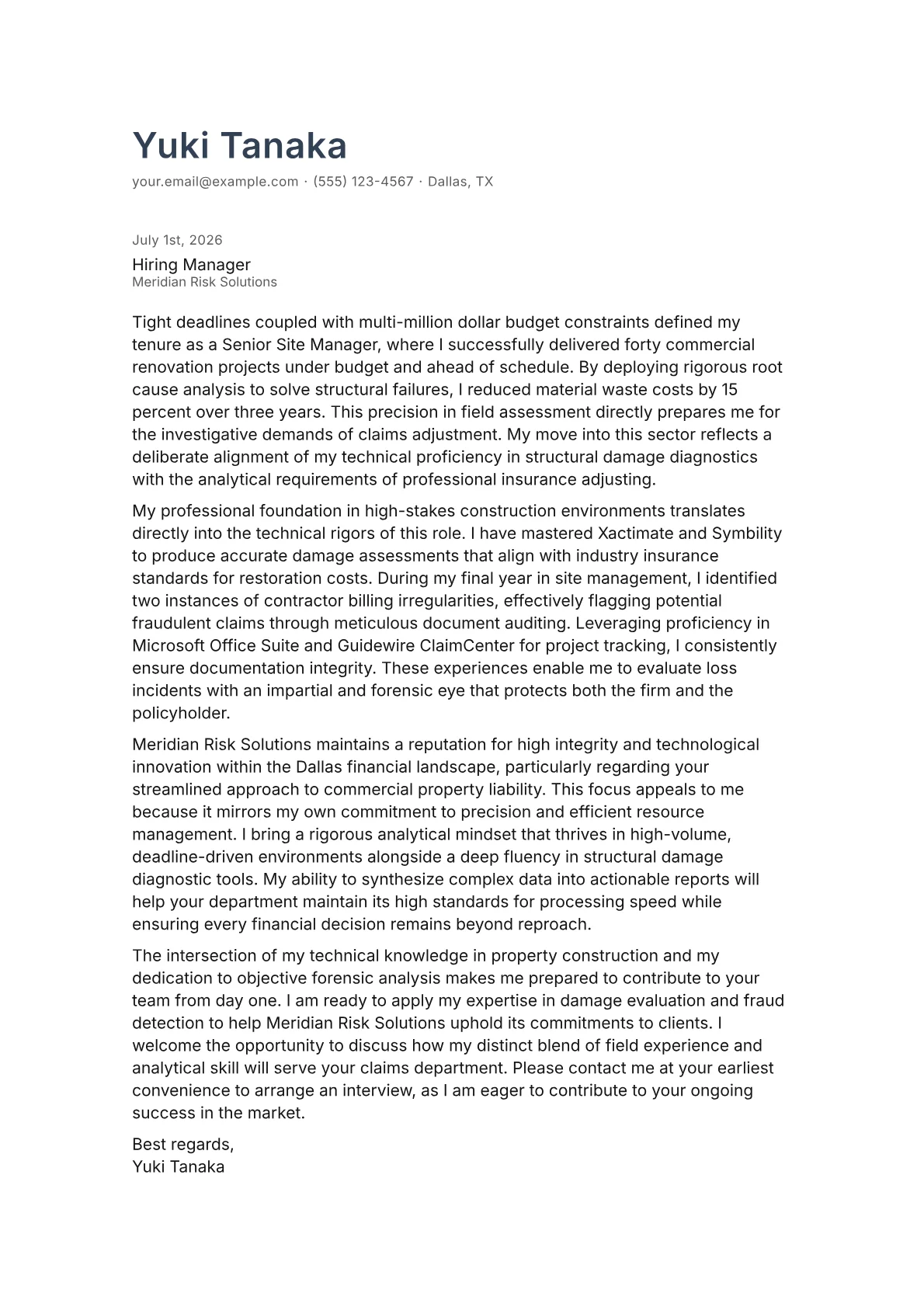Claims Adjuster cover letter in the Minimal design