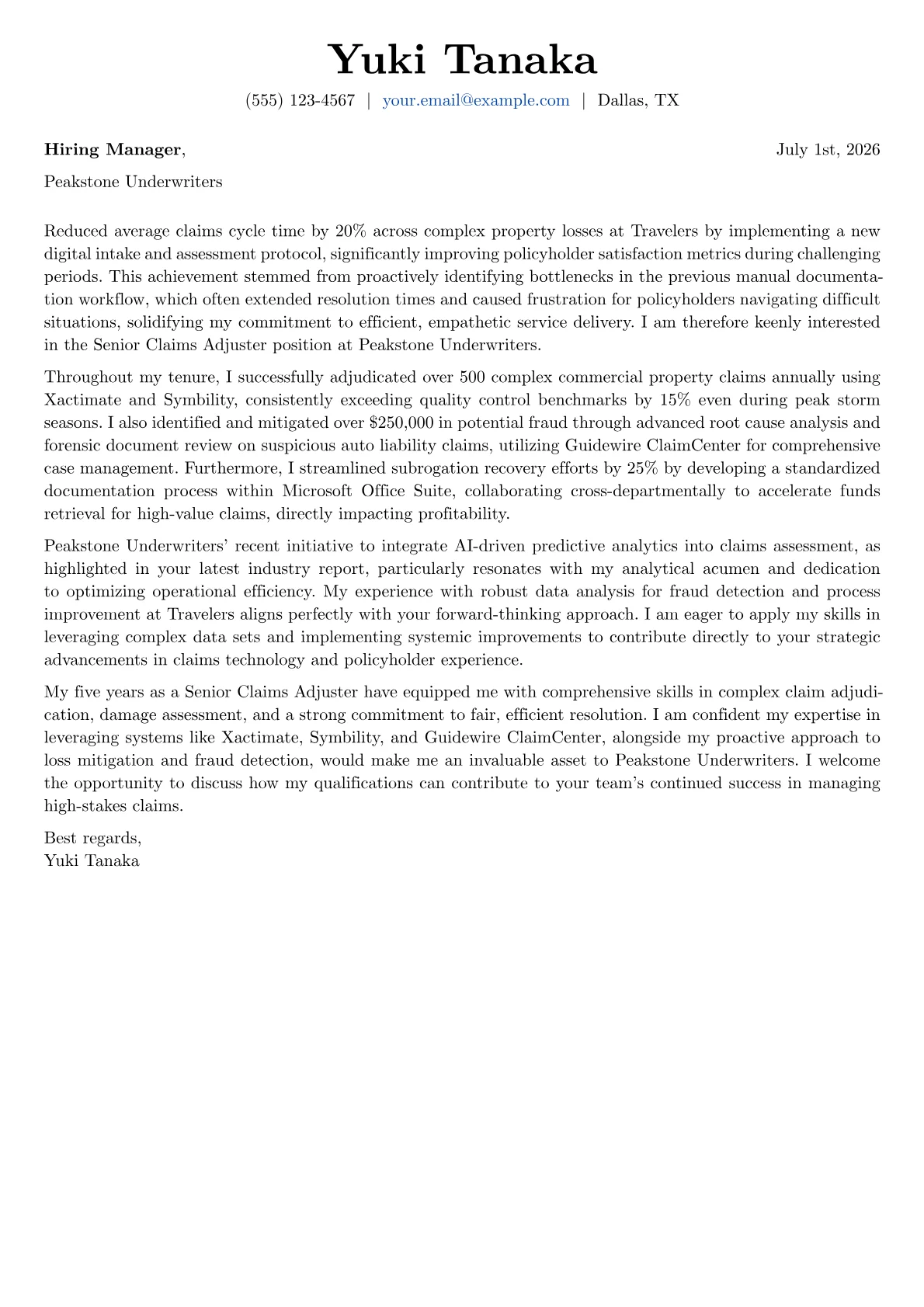 Claims Adjuster cover letter formatted with a JobSprout template