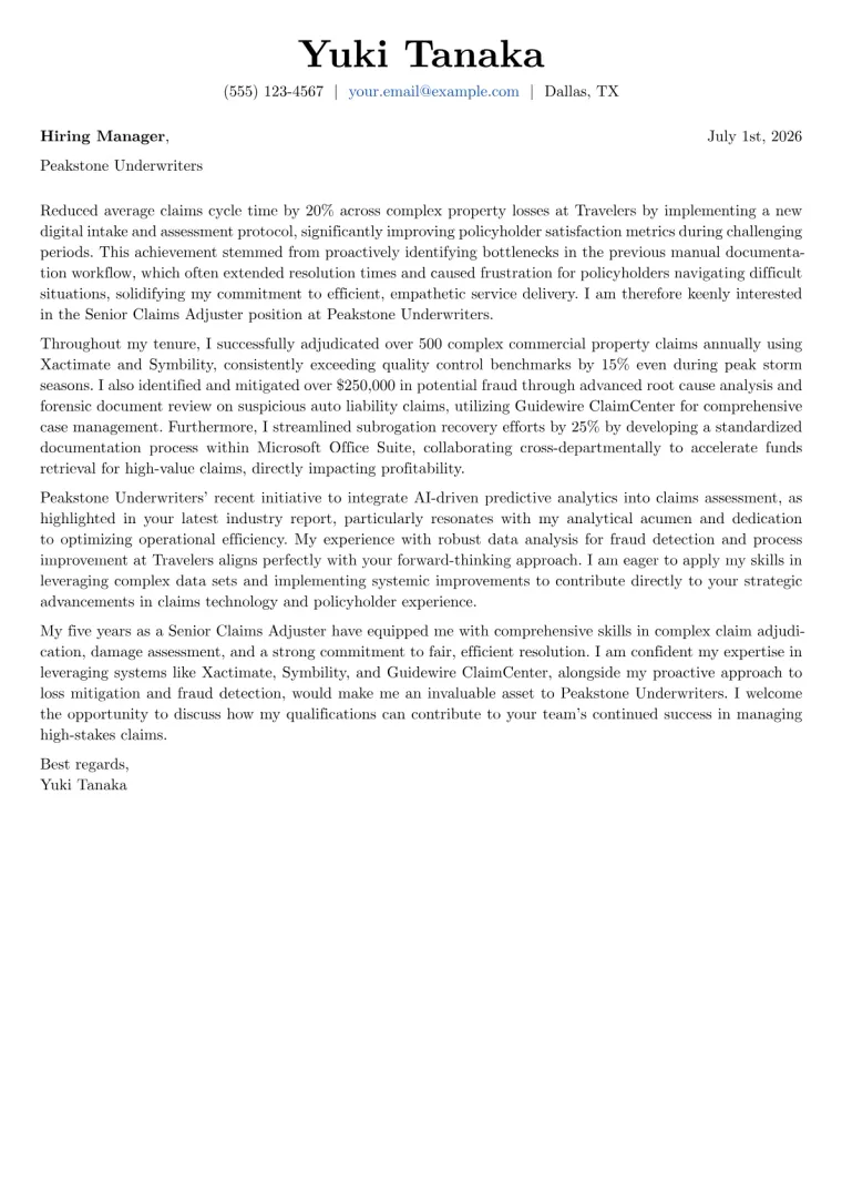 Claims Adjuster Cover Letter Example