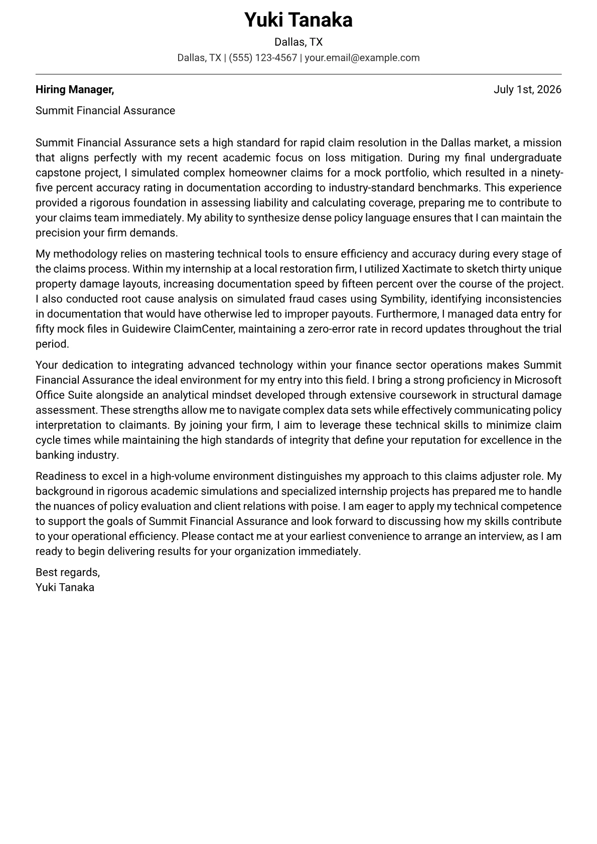 Claims Adjuster cover letter in the Modern design