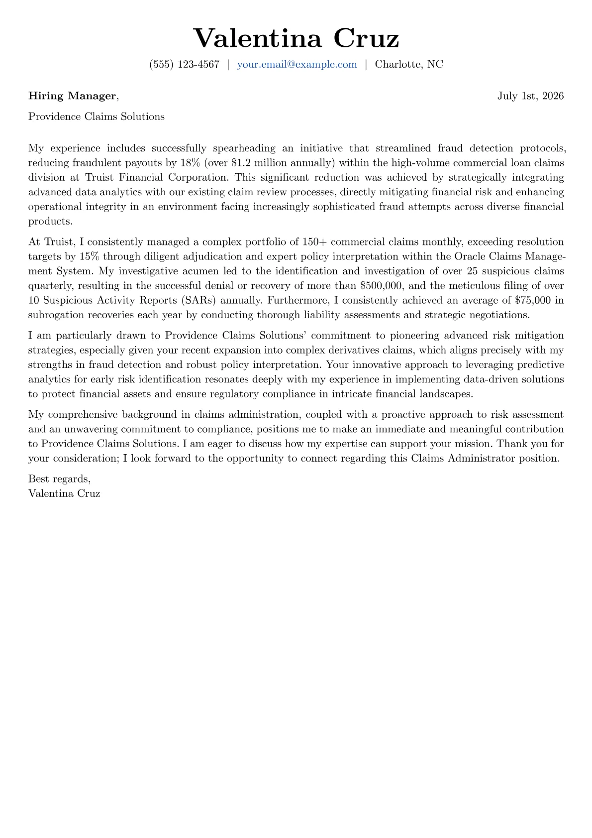 Claims Administrator cover letter formatted with a JobSprout template