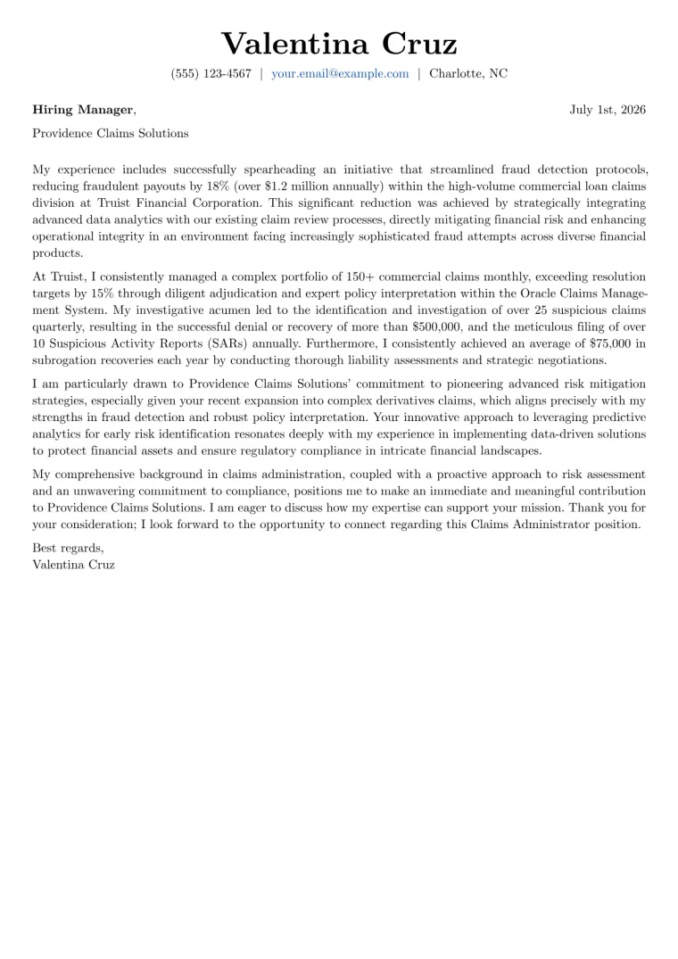 Claims Administrator cover letter example preview