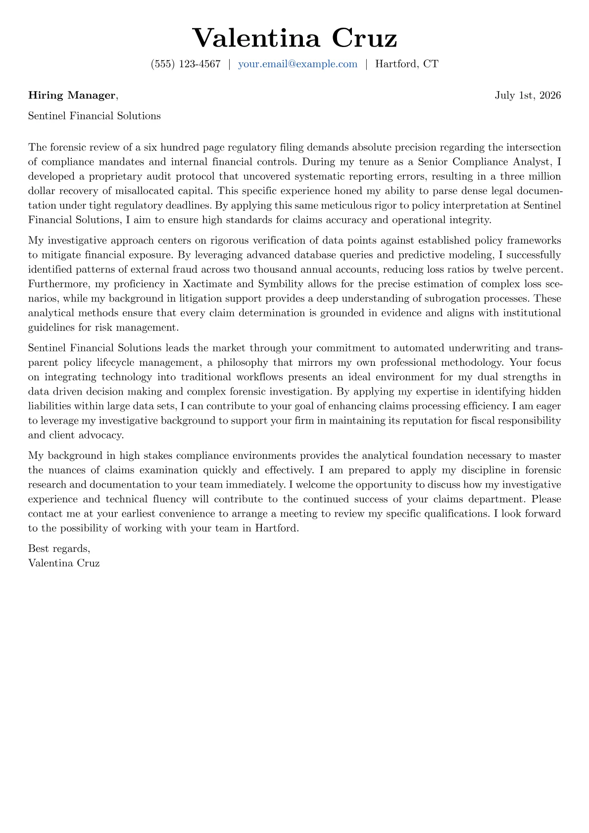 Claims Examiner cover letter in the Basic design