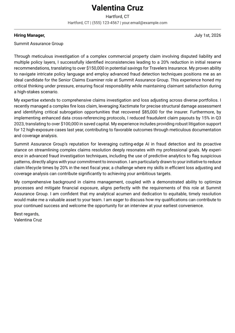 Claims Examiner cover letter example preview