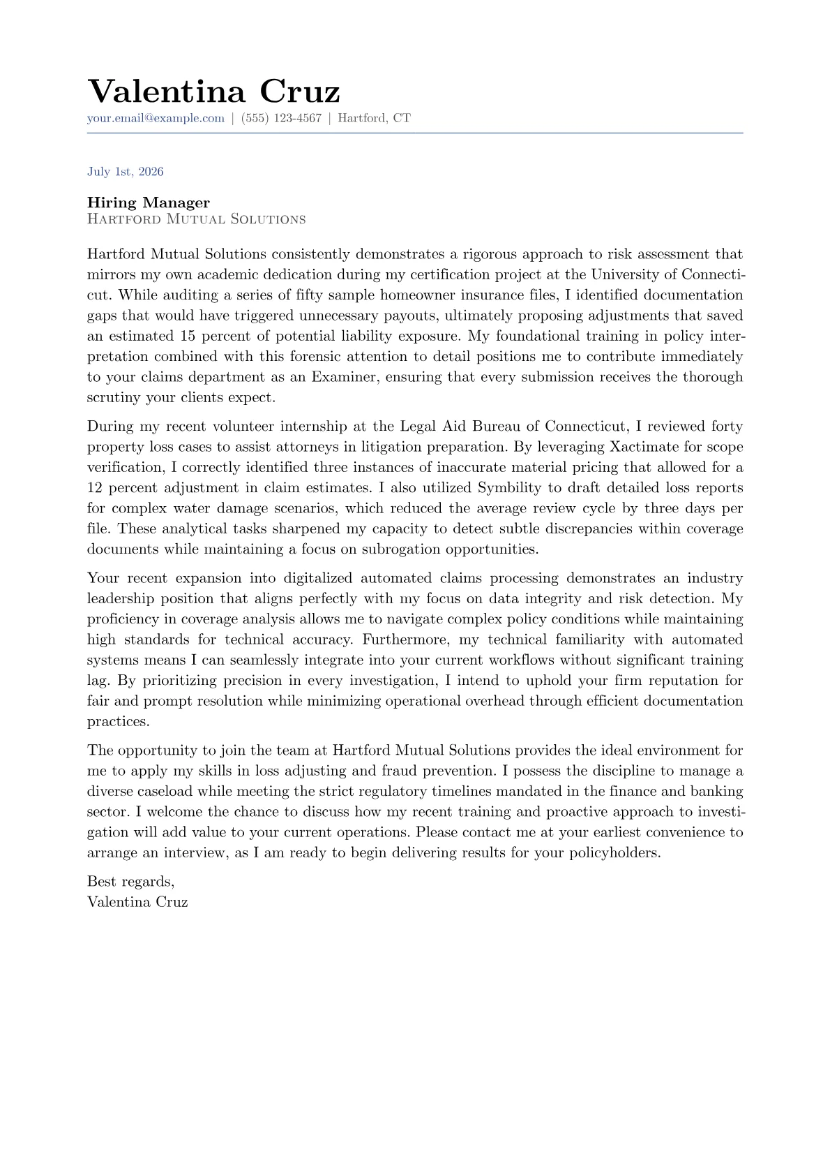Claims Examiner cover letter in the Classic design