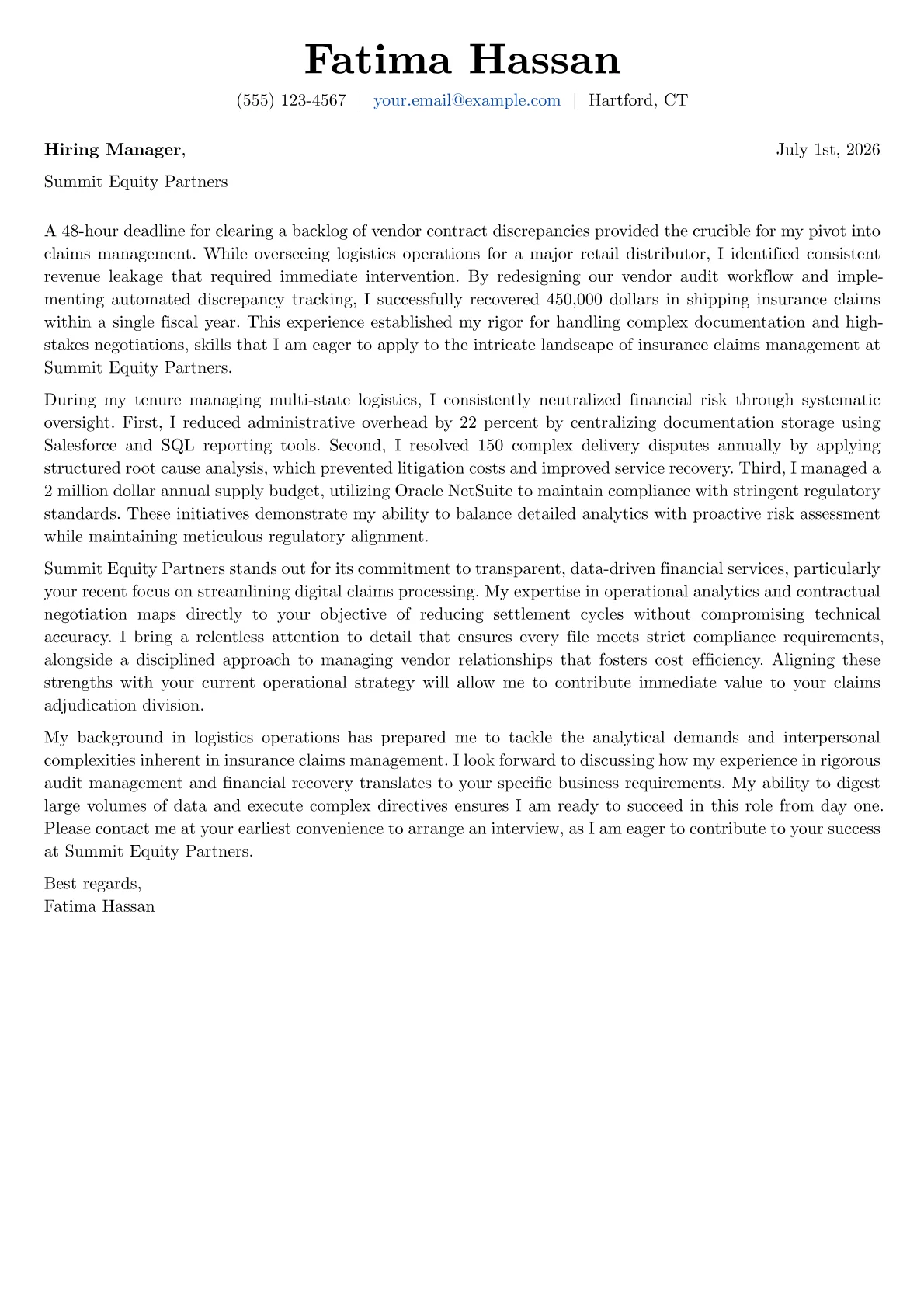 Claims Manager cover letter in the Basic design