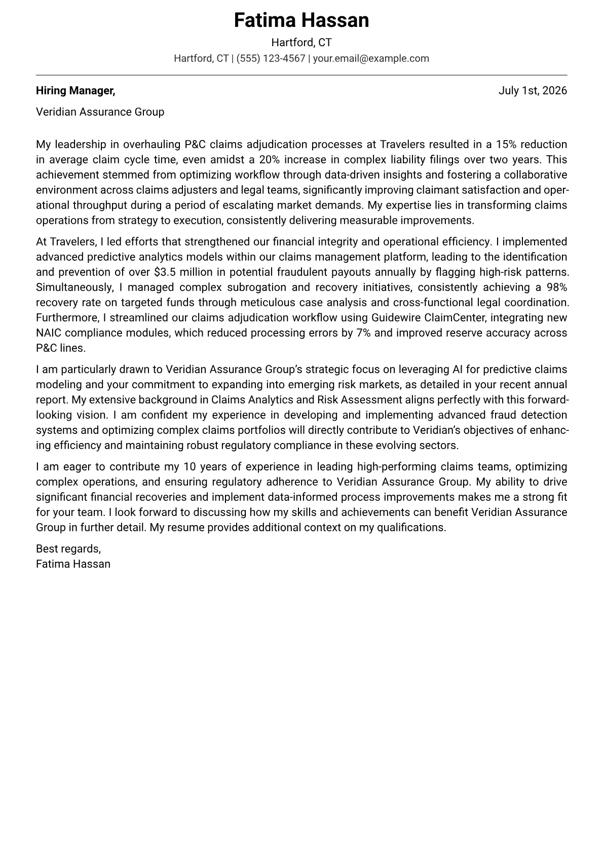 Claims Manager cover letter formatted with a JobSprout template