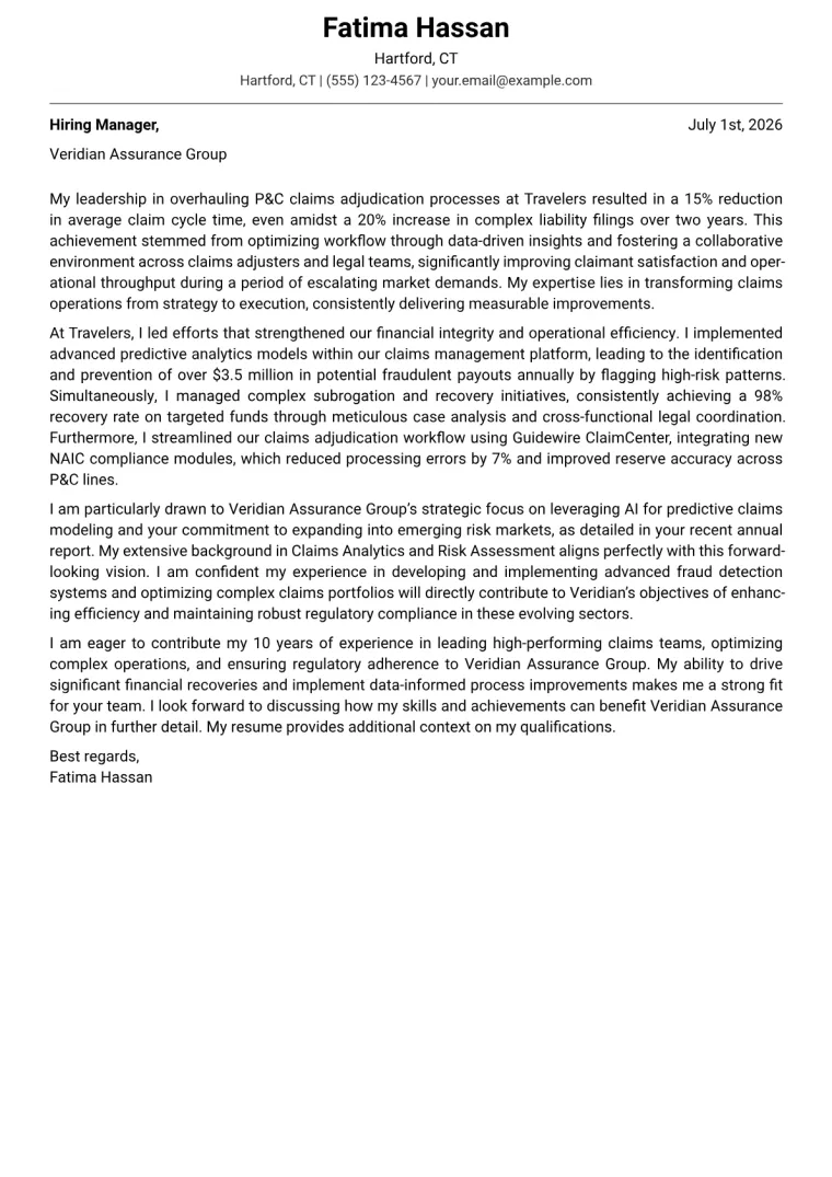 Claims Manager cover letter example preview