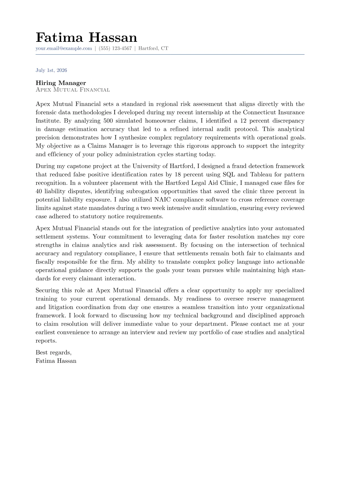 Claims Manager cover letter in the Classic design