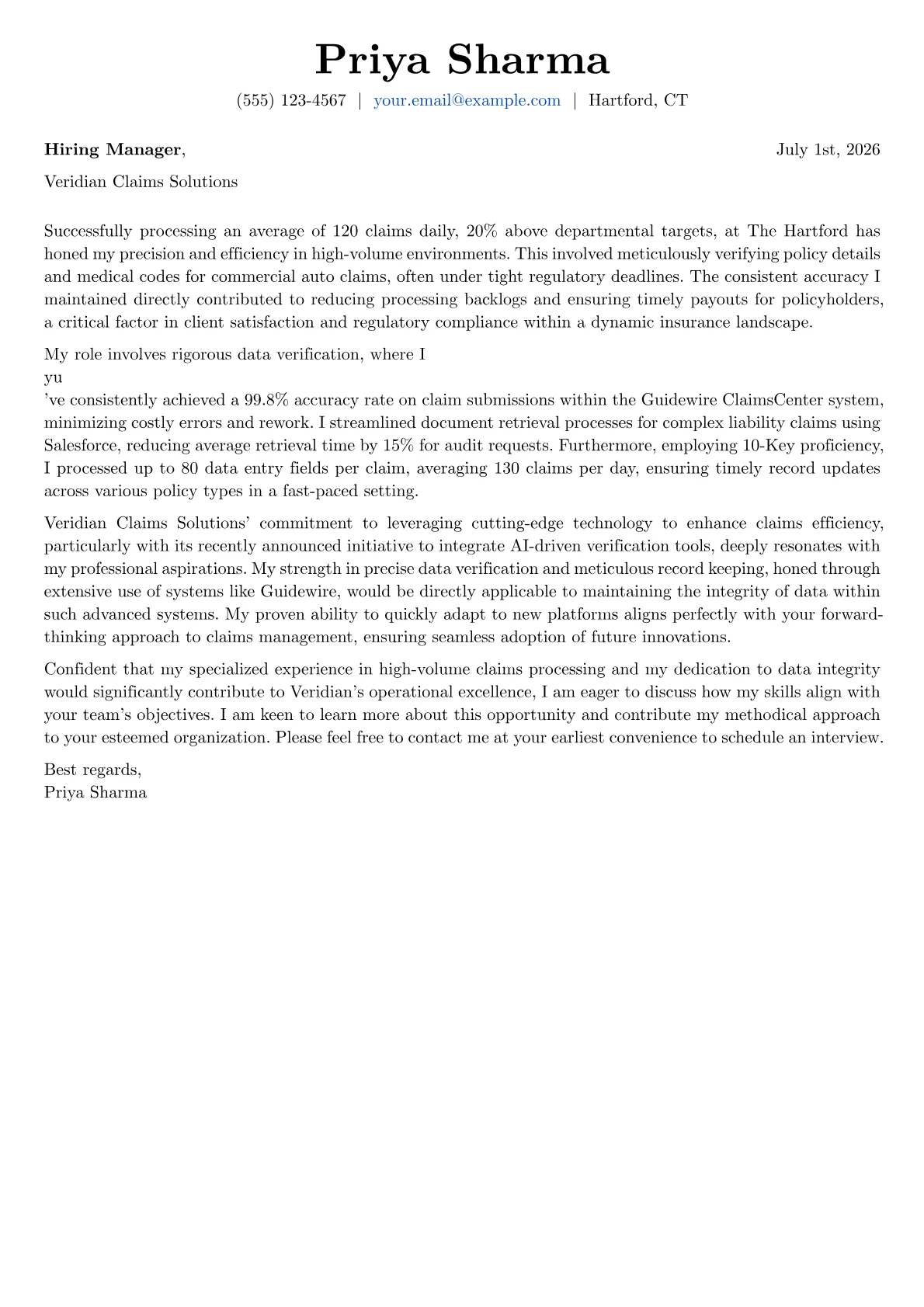 Claims Processing Clerk cover letter formatted with a JobSprout template