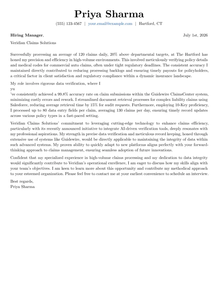 Claims Processing Clerk Cover Letter Example