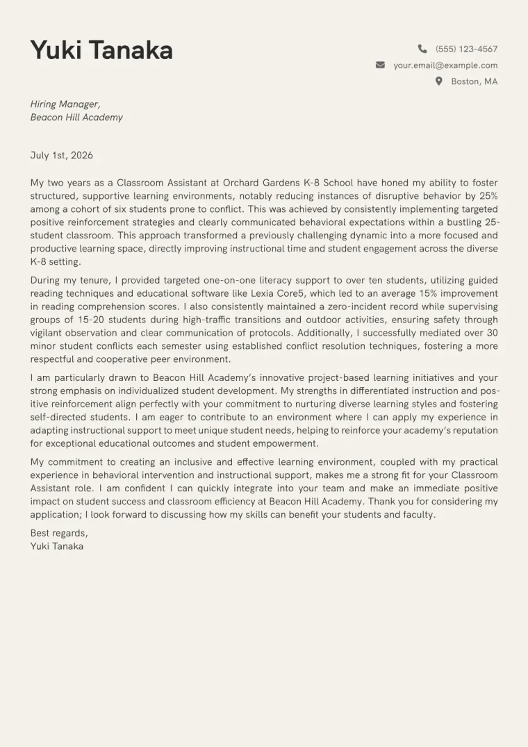 Classroom Assistant cover letter example
