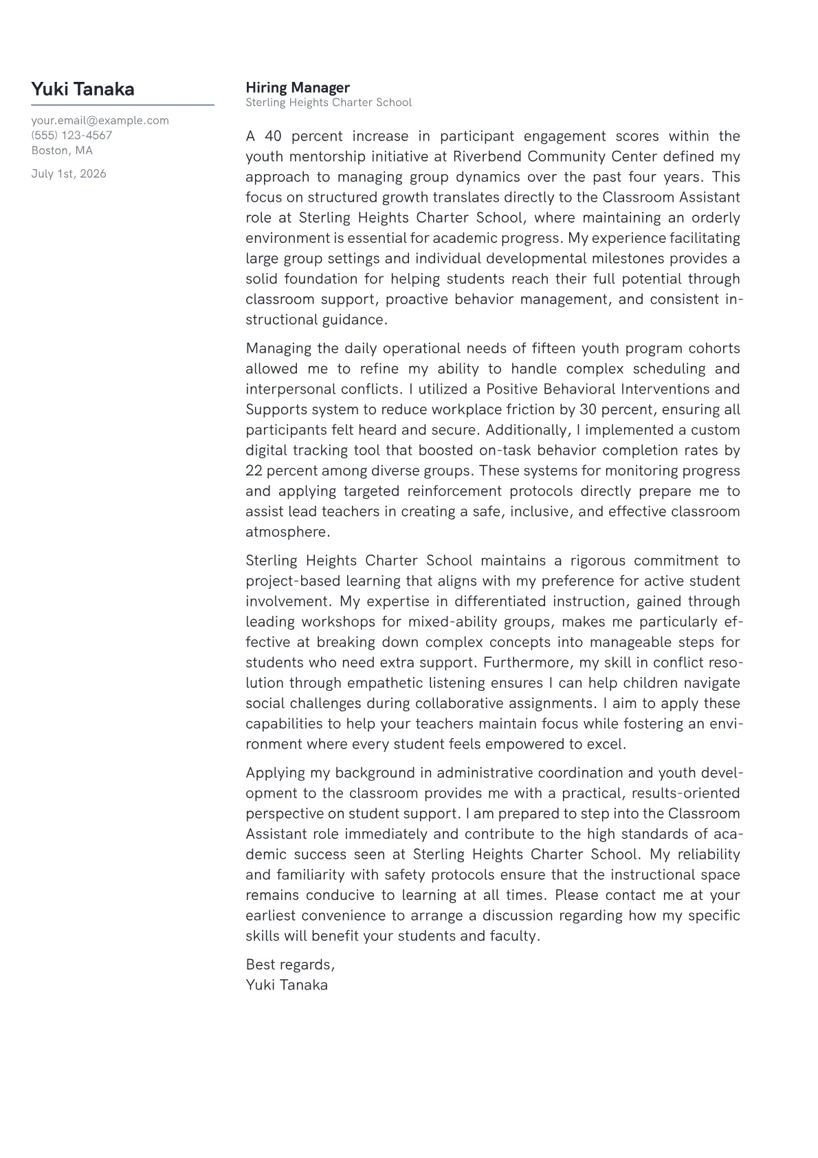 Classroom Assistant cover letter in the Margin design