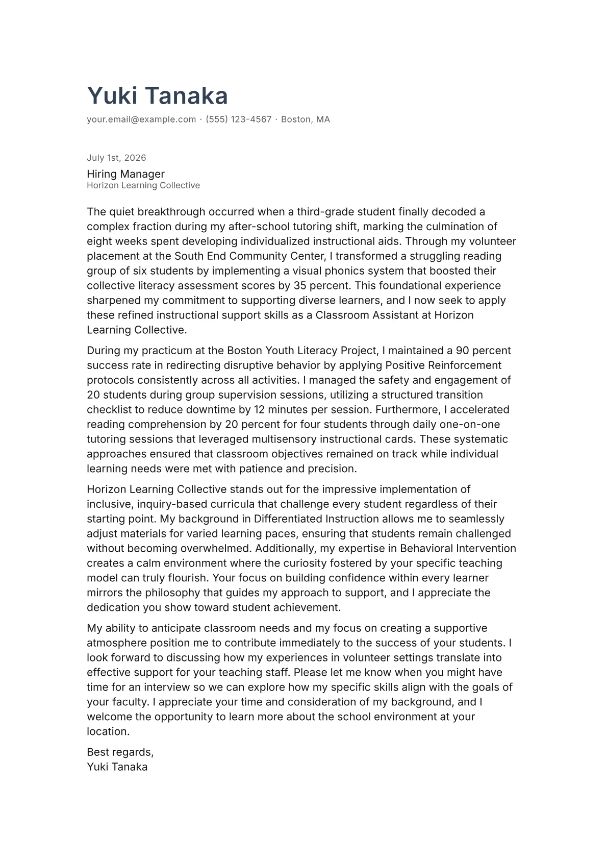 Classroom Assistant cover letter in the Minimal design