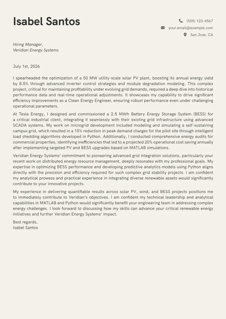 Clean Energy Engineer cover letter example