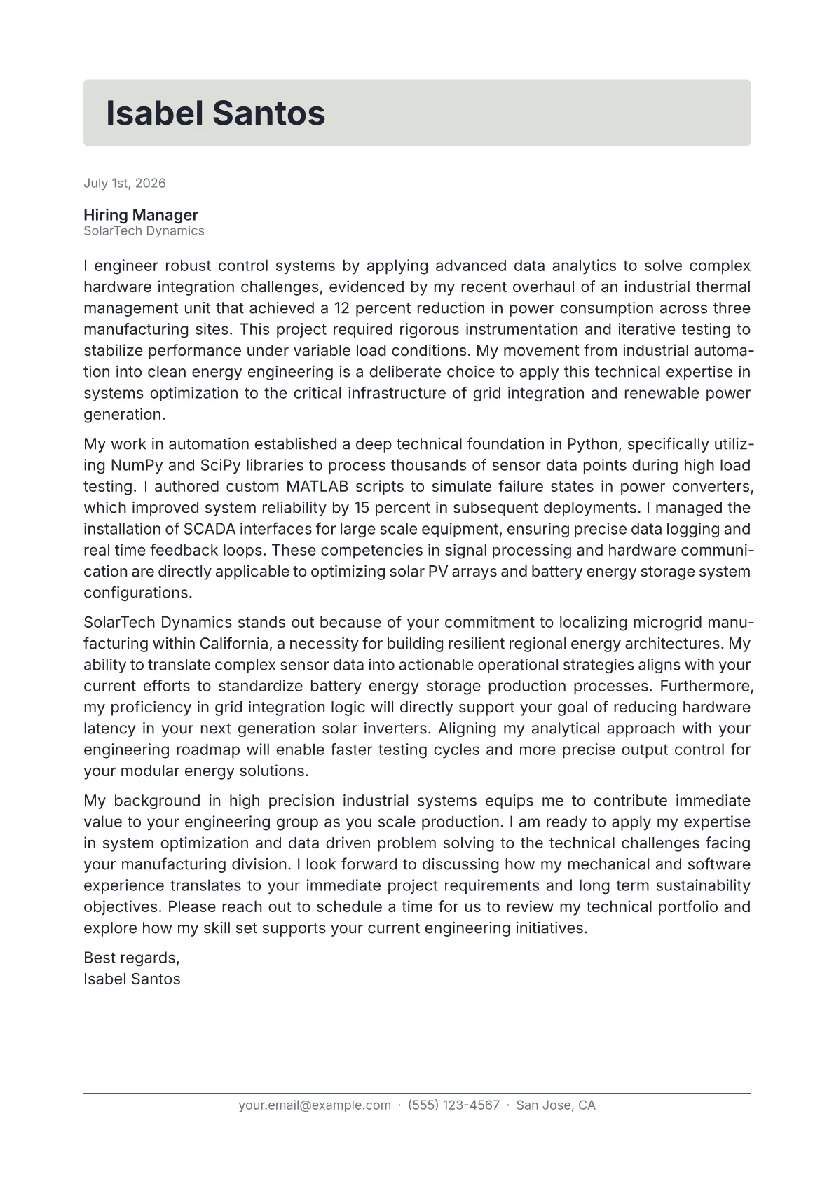 Clean Energy Engineer cover letter in the Letterhead design