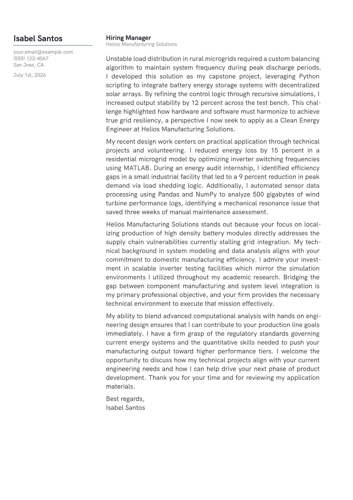 Clean Energy Engineer cover letter in the Margin design