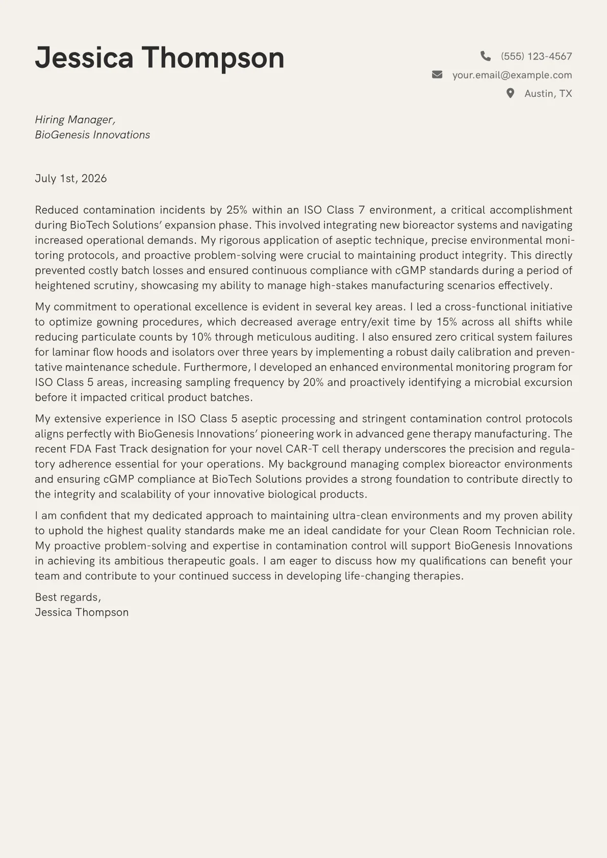 Clean Room Technician cover letter formatted with a JobSprout template