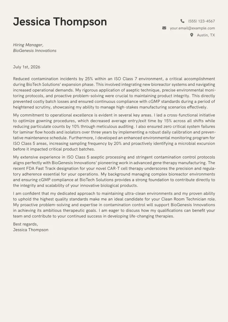 Clean Room Technician cover letter example preview