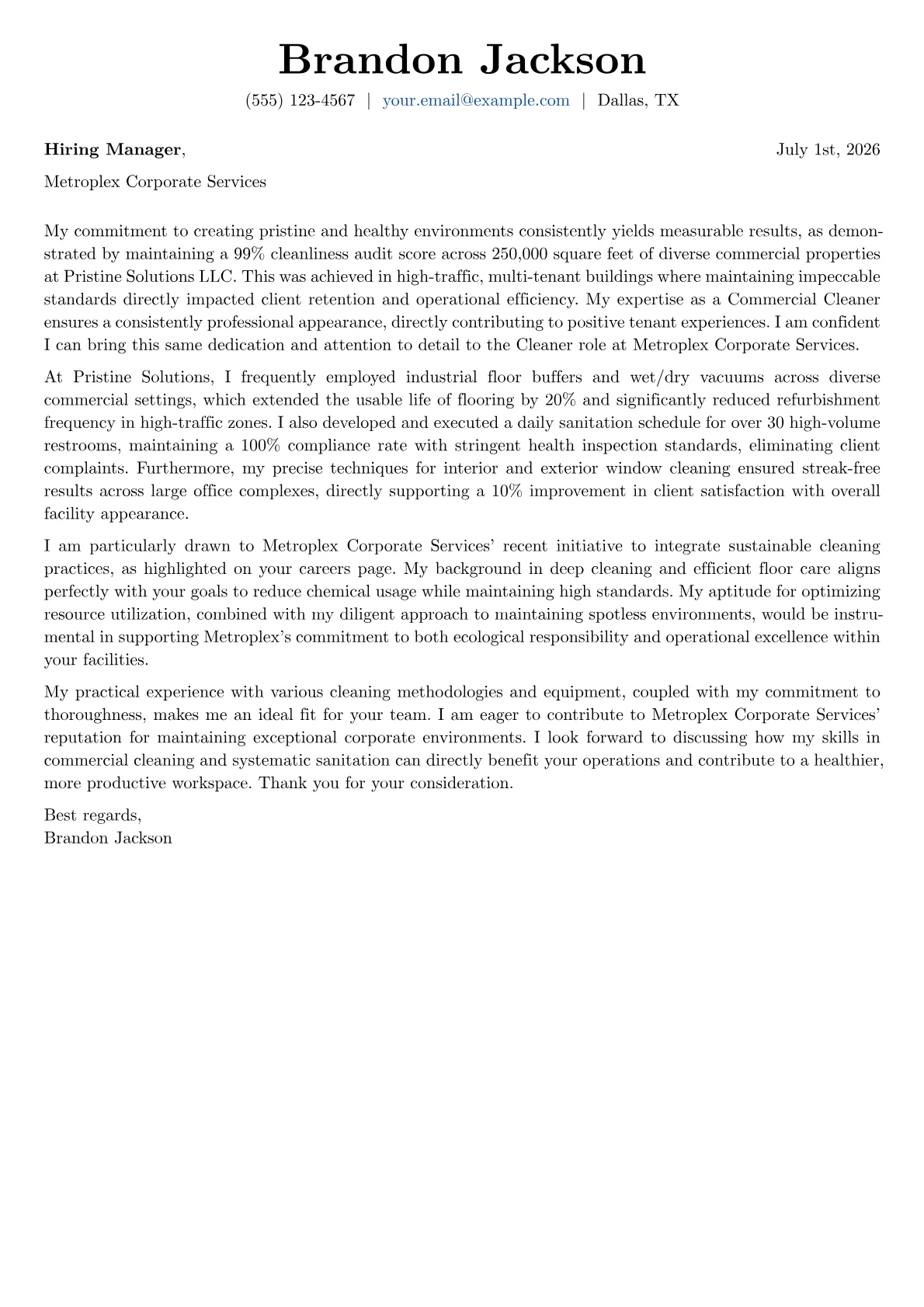 Cleaner cover letter formatted with a JobSprout template