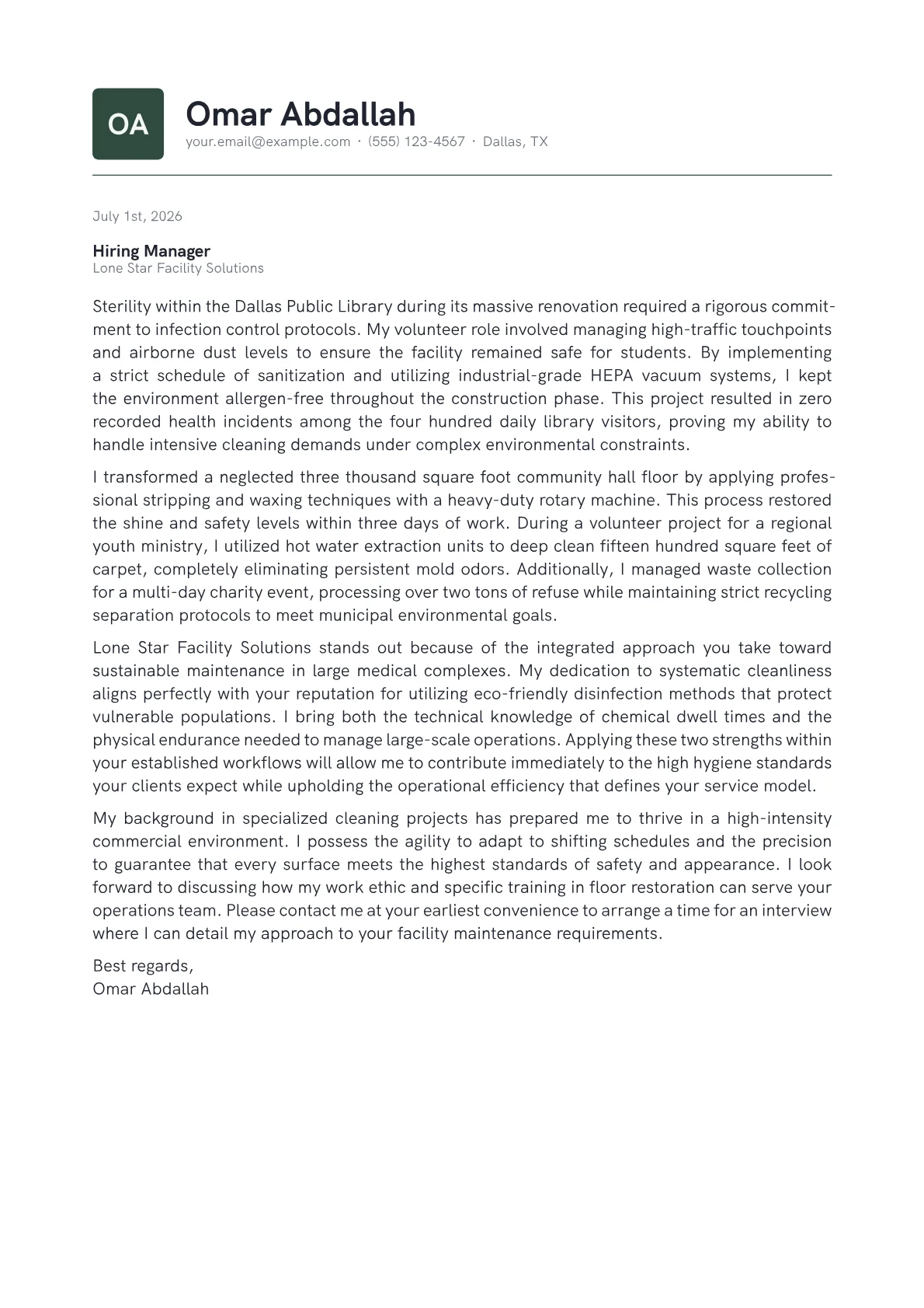 Cleaning Professional cover letter in the Emblem design