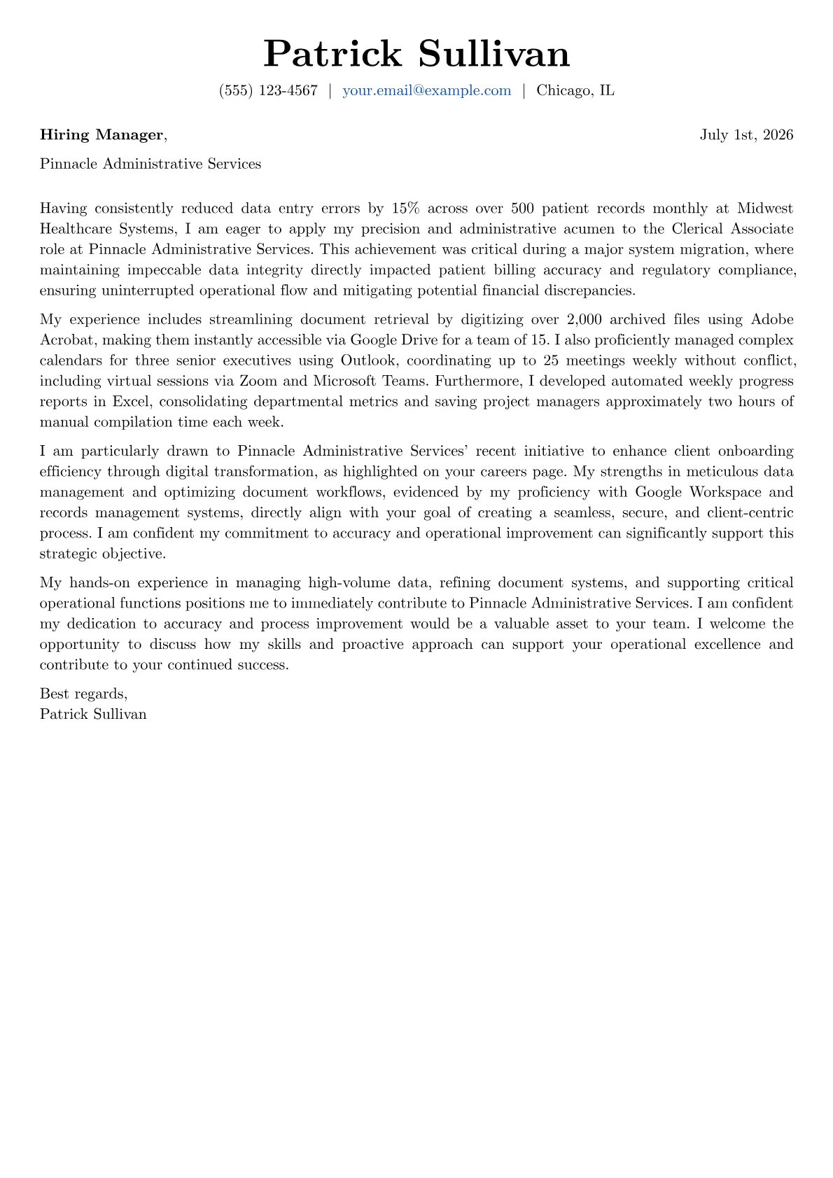 Clerical Associate cover letter formatted with a JobSprout template