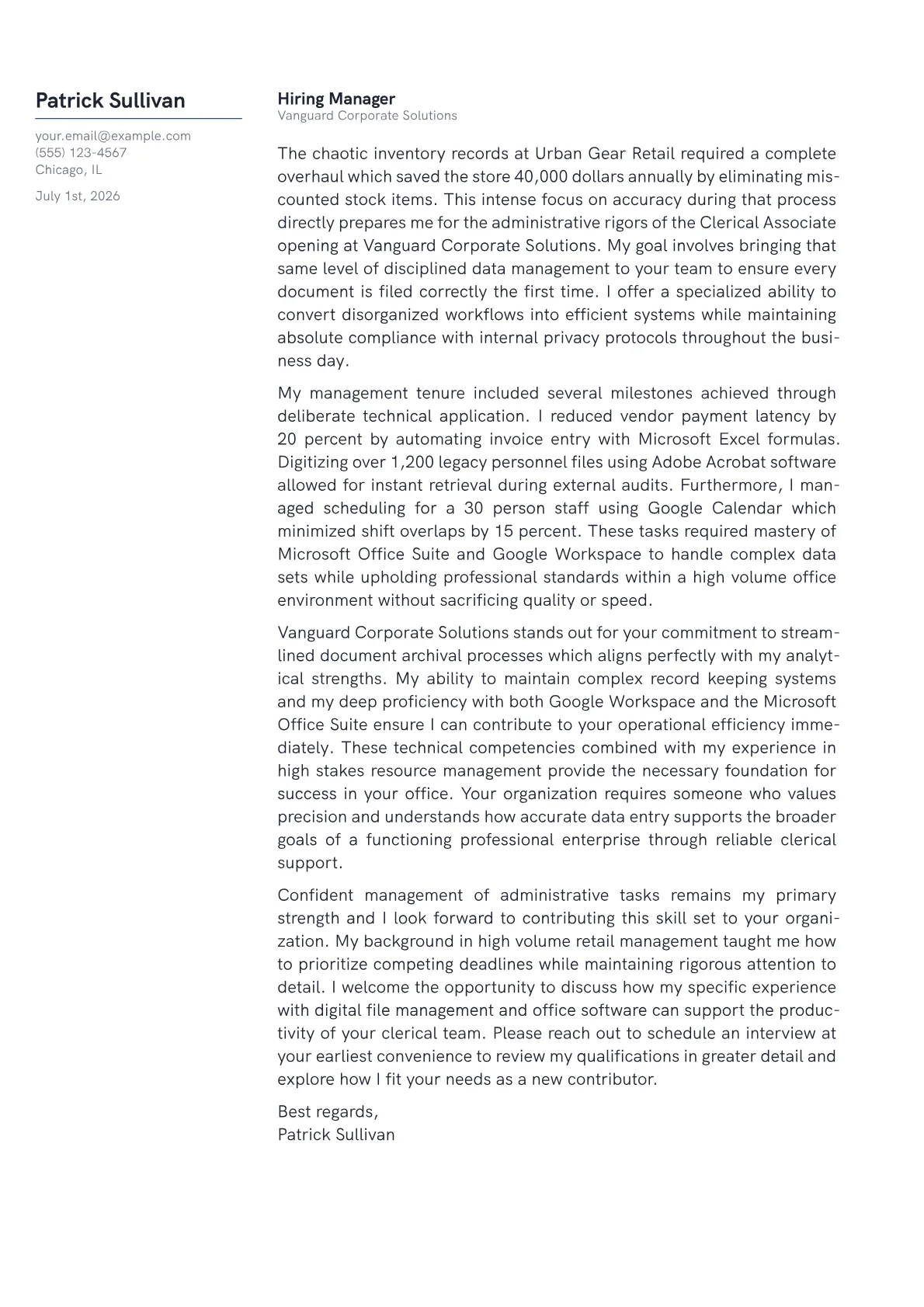 Clerical Associate cover letter in the Margin design