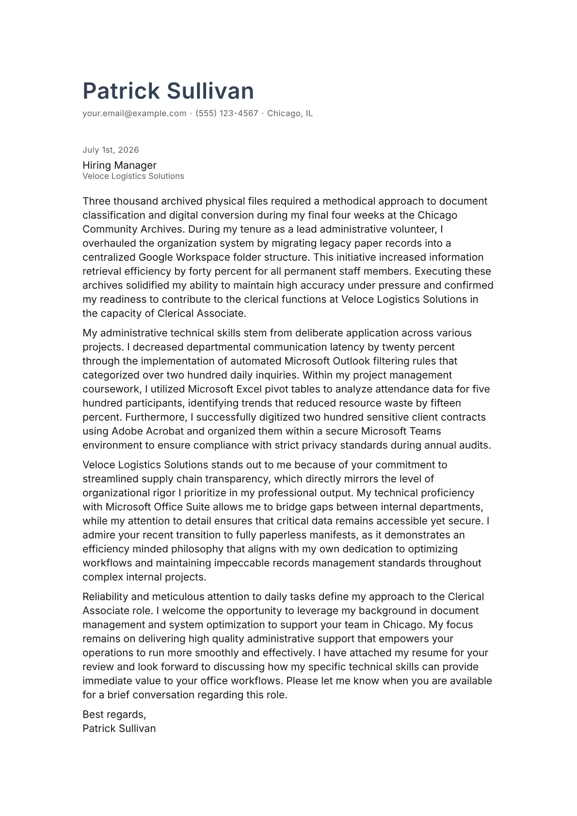 Clerical Associate cover letter in the Minimal design