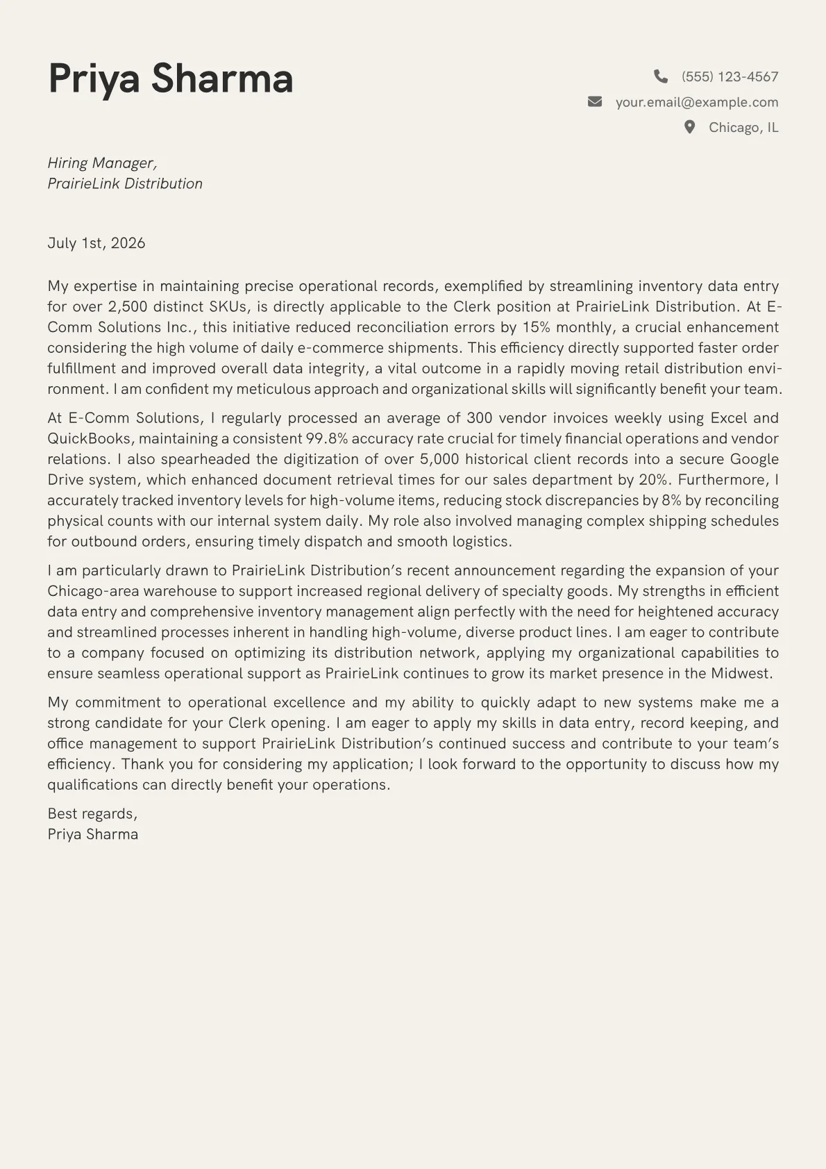 Clerk cover letter formatted with a JobSprout template