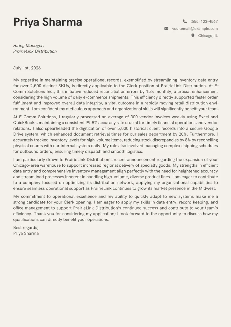 Clerk Cover Letter Example