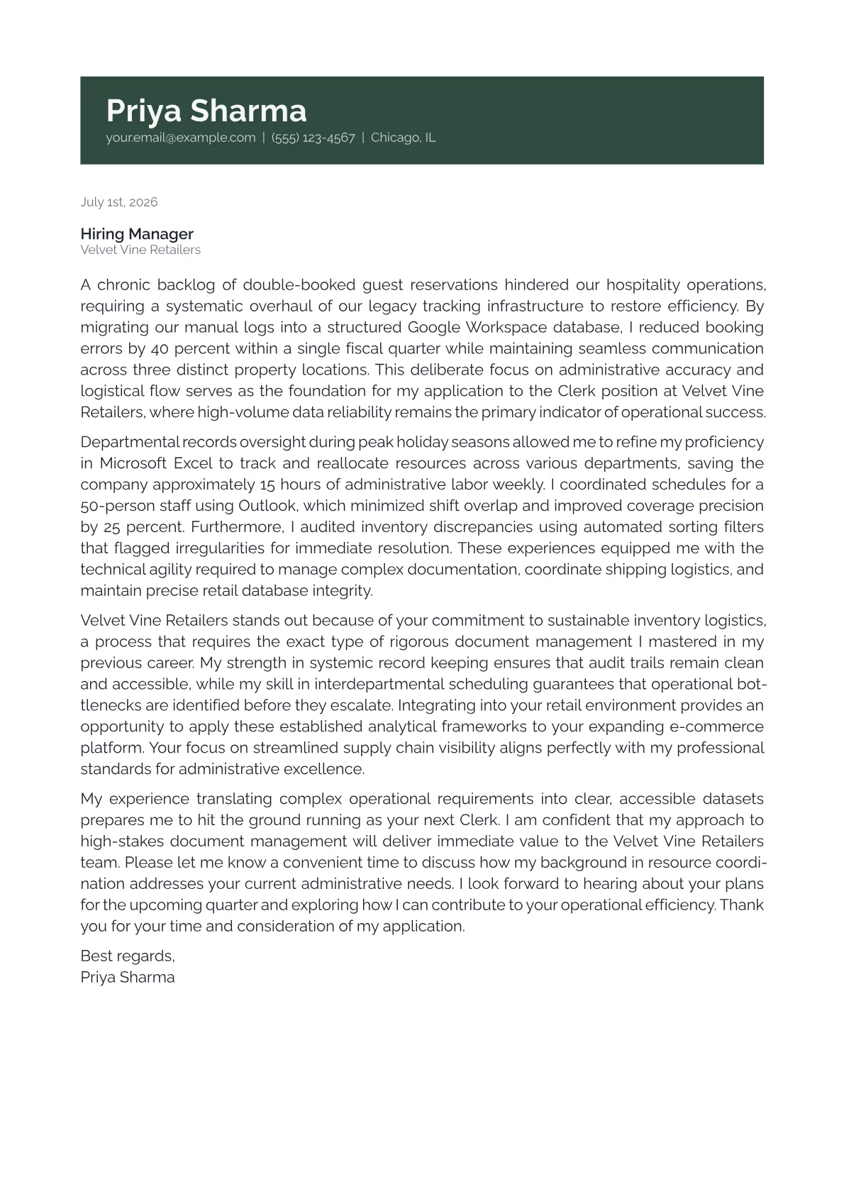 Clerk cover letter in the Banner design