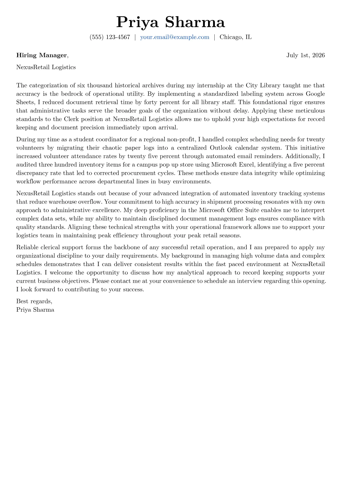 Clerk cover letter in the Basic design